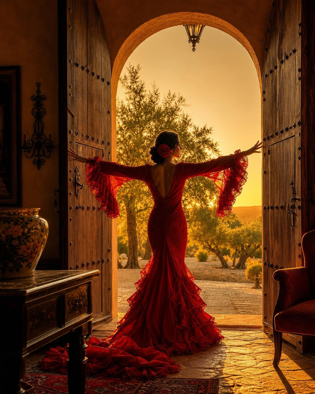 Vrouw in rode flamencojurk in een Andalusische deuropening — symbolisch voor verzilveren